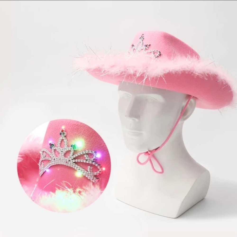 PINK COWGIRL PRINCESS HAT WITH LIGHT UP TIARA & FEATHERS
